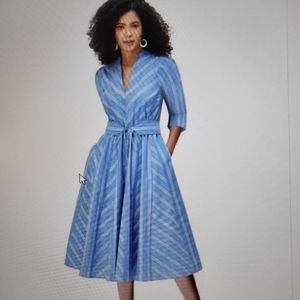 Eshakti Stripe Cotton Voile Sash-Tie Belt Dress w/ Matching Mask